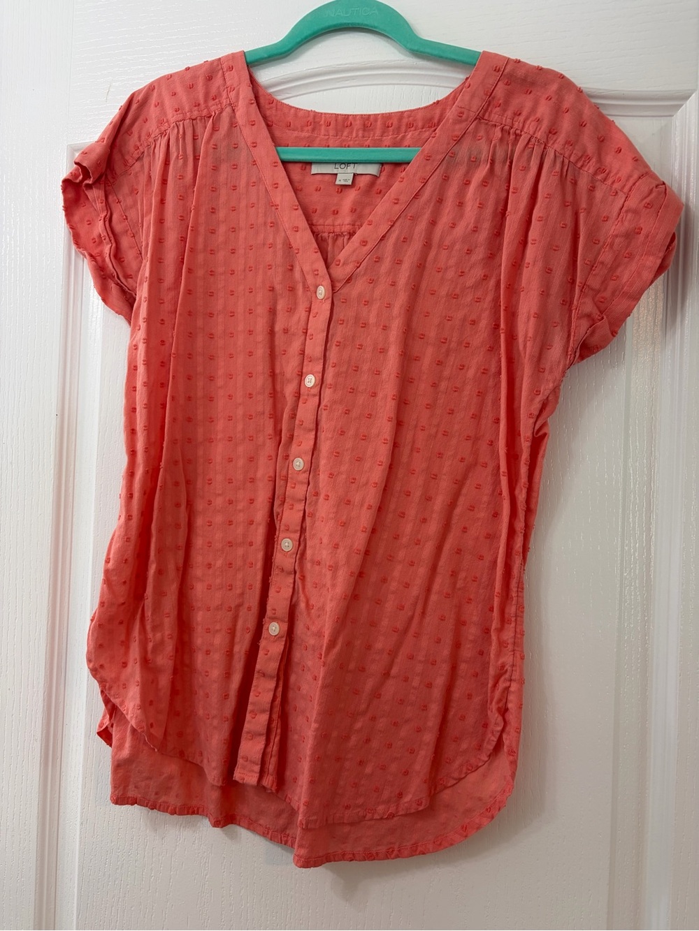 LOFT Coral Button-Front Short Sleeve V-Neck Blouse